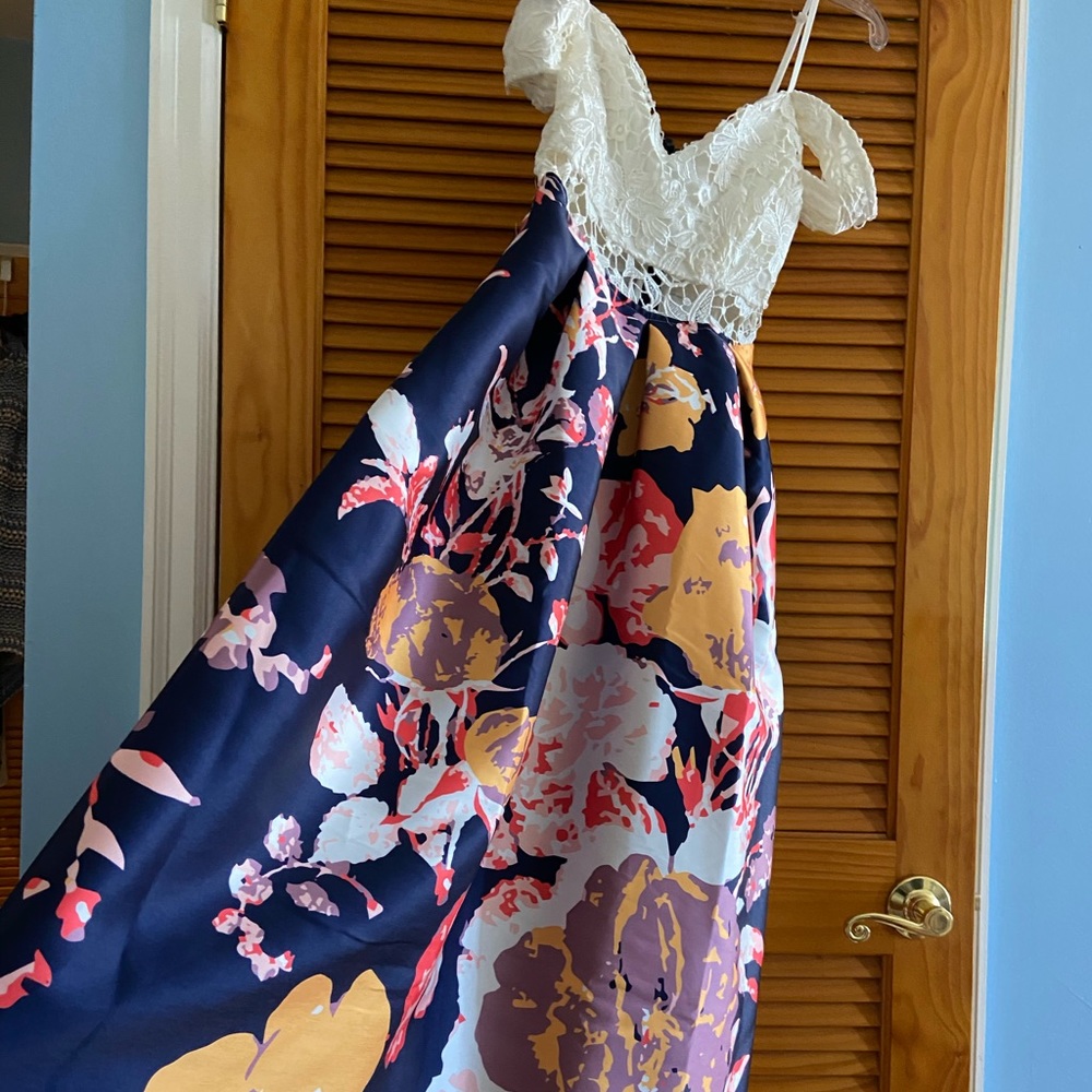 Maxi blue and white off the shoulder dress
